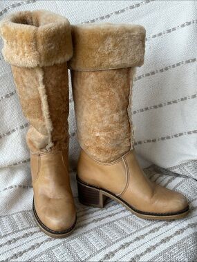 Blondo Vintage Tan Shearling-Lined Leather Mid-Calf Boots
